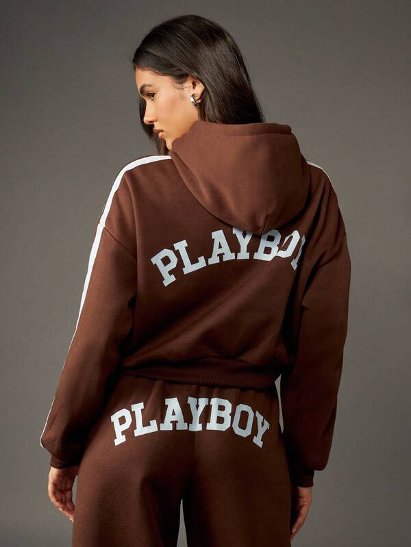 Missguided X Playboy Zip Through Hooded Cropped Sweatshirt With Stripes