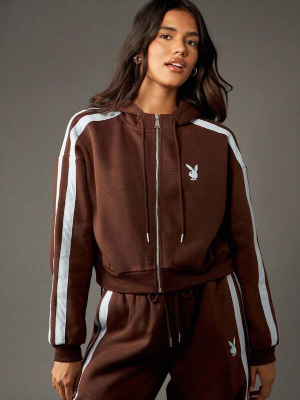 Missguided X Playboy Zip Through Hooded Cropped Sweatshirt With Stripes