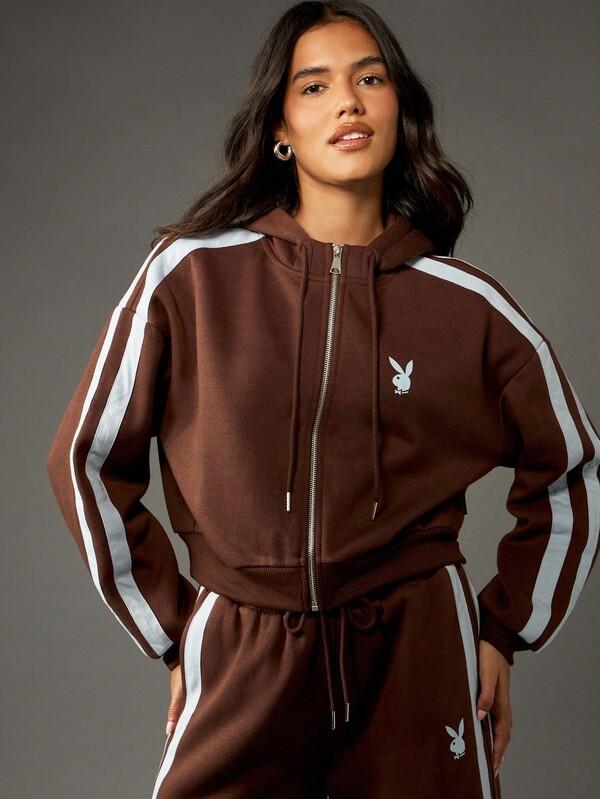 Missguided x Playboy Zip Through Hooded Cropped Sweatshirt With Stripes