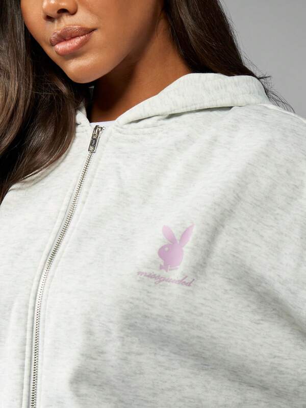 Missguided X Playboy Zip Up Hooded Sweatshirt With Bunny Logo