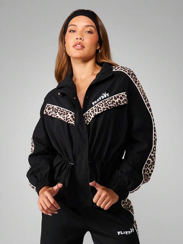 Missguided X Playboy Zip Up Jacket With Leopard Print Panels