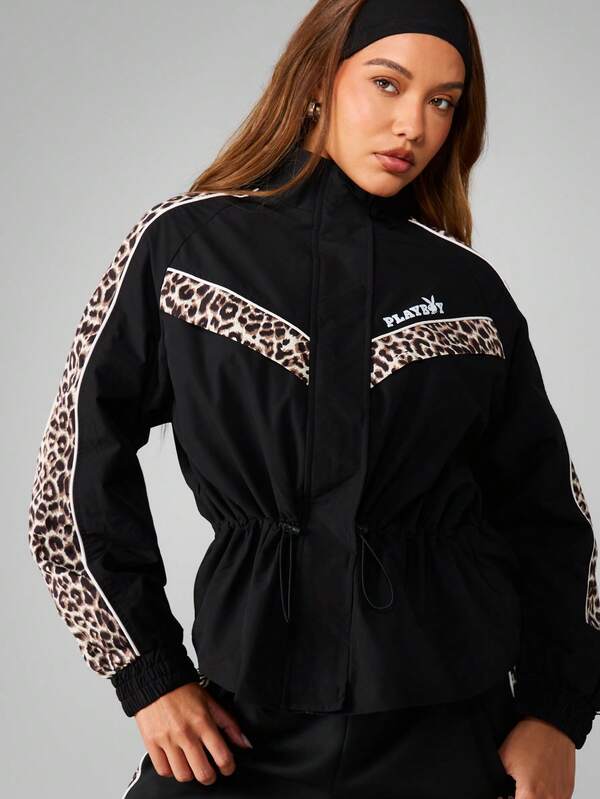 Missguided X Playboy Zip Up Jacket With Leopard Print Panels