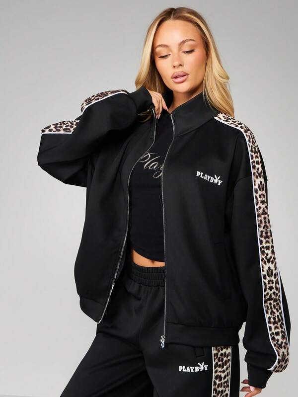 Missguided X Playboy Zip Up Sweatshirt With Leopard Print Panels