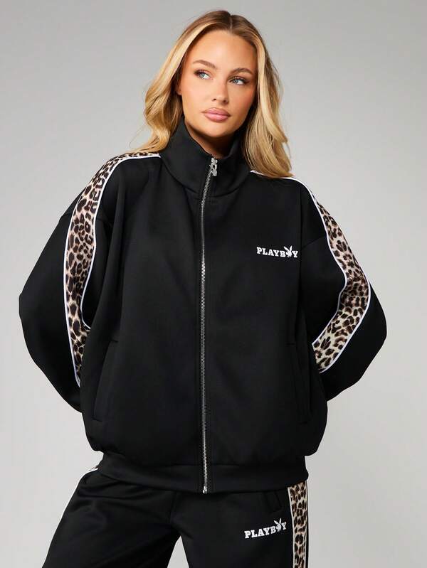 Missguided x Playboy Zip Up Sweatshirt With Leopard Print Panels