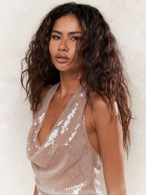 MISSGUIDED Y2K Futuristic Sequin Cowl Halter Neck Backless Bodycon Mini Dress