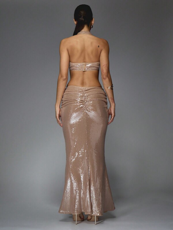 MISSGUIDED Y2K Futuristic Sequin Cowl Halter Neck Top And Ruched Waist Flare Hem Maxi Skirt Two Piece Co-Ord Set