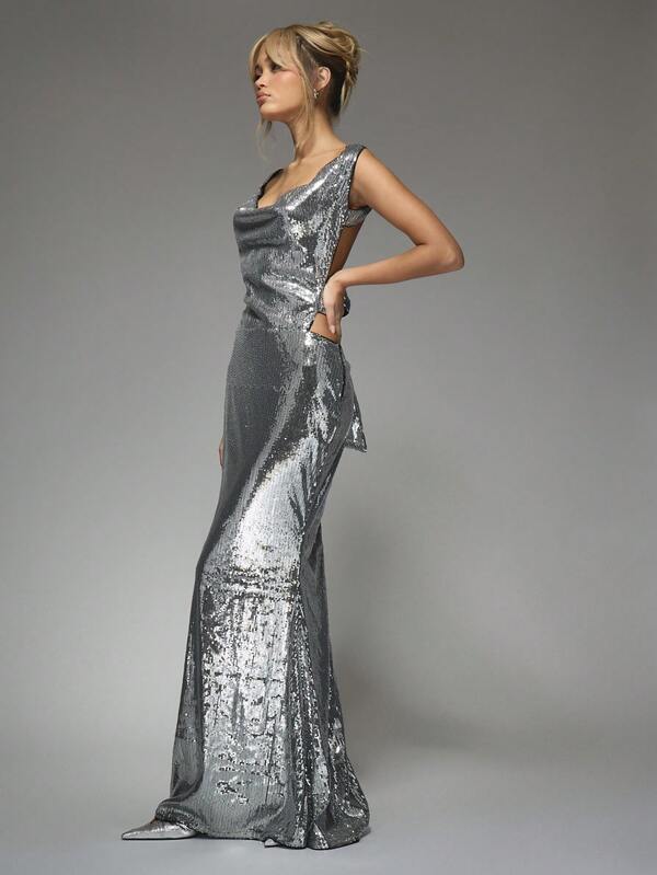 MISSGUIDED Y2K Futuristic Sequin Cowl Neck Bow Detail Backless Flare Hem Maxi Dress For Party