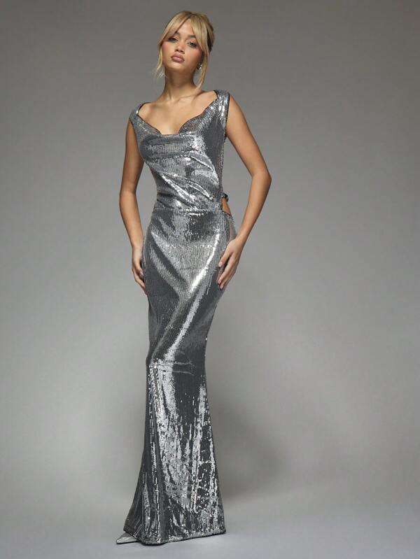 MISSGUIDED Y2K Futuristic Sequin Cowl Neck Bow Detail Backless Flare Hem Maxi Dress For Party