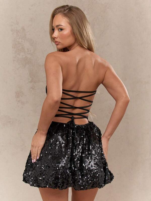 MISSGUIDED Y2K Futuristic Sequin Lace Up Back Bubble Mini Bandeau Dress