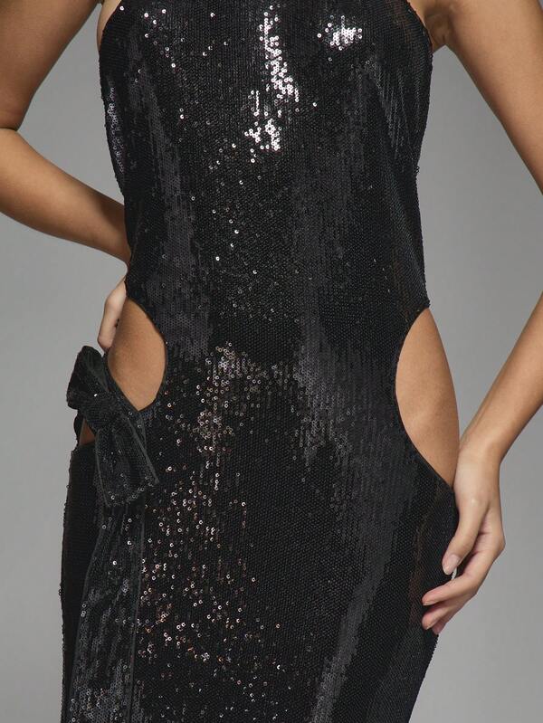 MISSGUIDED Y2K Futuristic Sequin Polo Halter Neck Side Cut Out Bow Detail Flare Hem Maxi Dress
