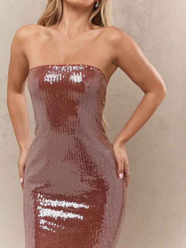 MISSGUIDED Y2K Futuristic Sequin Slit Back Bodycon Bandeau Maxi Dress