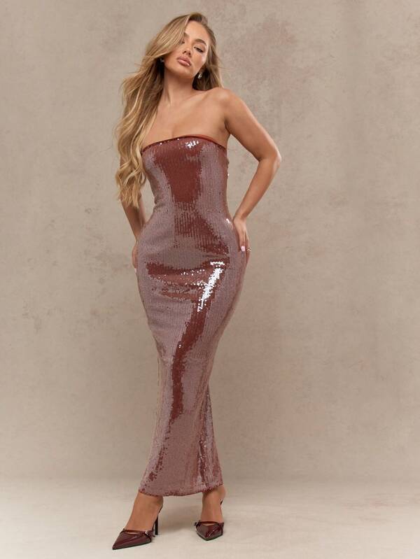 MISSGUIDED Y2K Futuristic Sequin Slit Back Bodycon Bandeau Maxi Dress