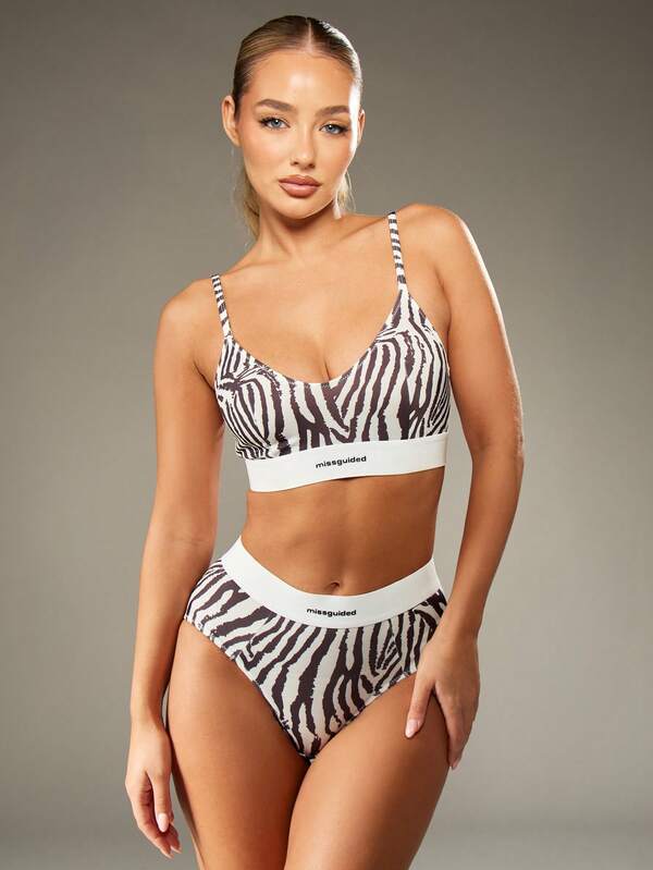 MISSGUIDED Zebra Print Bralette With Matching High Rise Brief