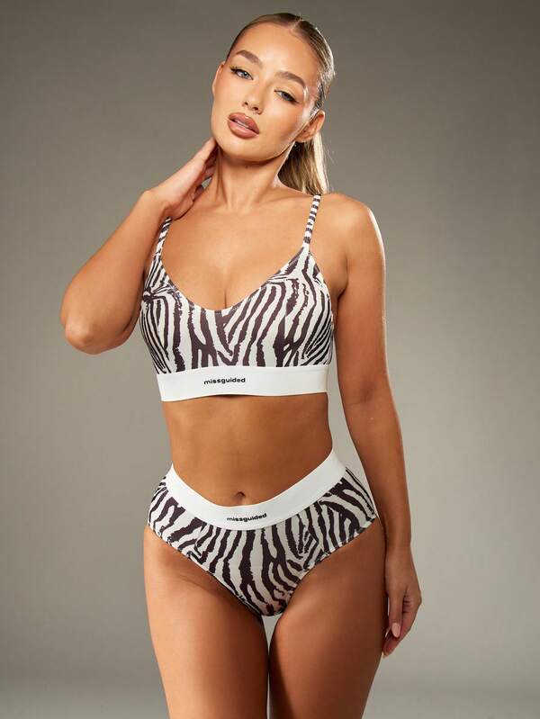 MISSGUIDED Zebra Print Bralette With Matching High Rise Brief