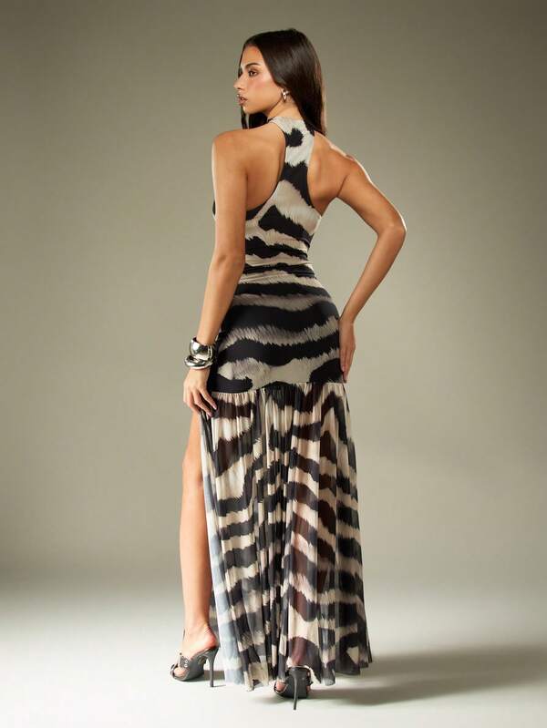 MISSGUIDED Zebra Print Mesh Halter Maxi Dress With High Split