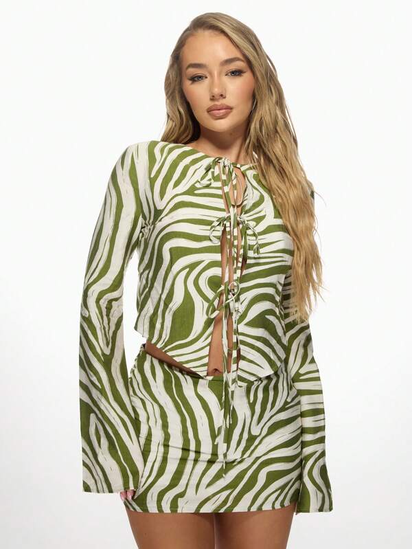 MISSGUIDED Zebra Print Two-Piece Set With Long Sleeve Crop Top And Skirt