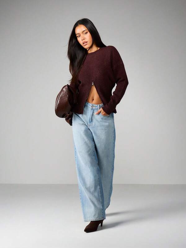 MISSGUIDED Zip Front Knit Sweater With Ribbed Texture