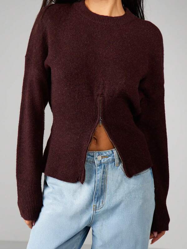 MISSGUIDED Zip Front Knit Sweater With Ribbed Texture