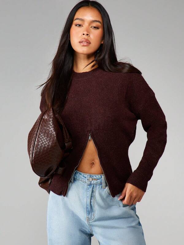 MISSGUIDED Zip Front Knit Sweater With Ribbed Texture